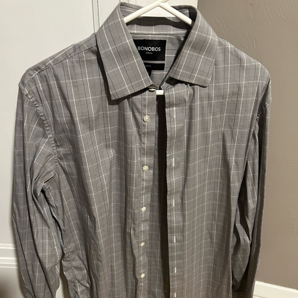 Bonobos Jetsetter Stretch Dress Shirt. 16/35. Grey striped.